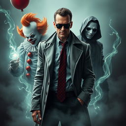 A cool man wearing an unusual coat and tie, surrounded by Pennywise the clown, Michael Myers, and a dark figure of death