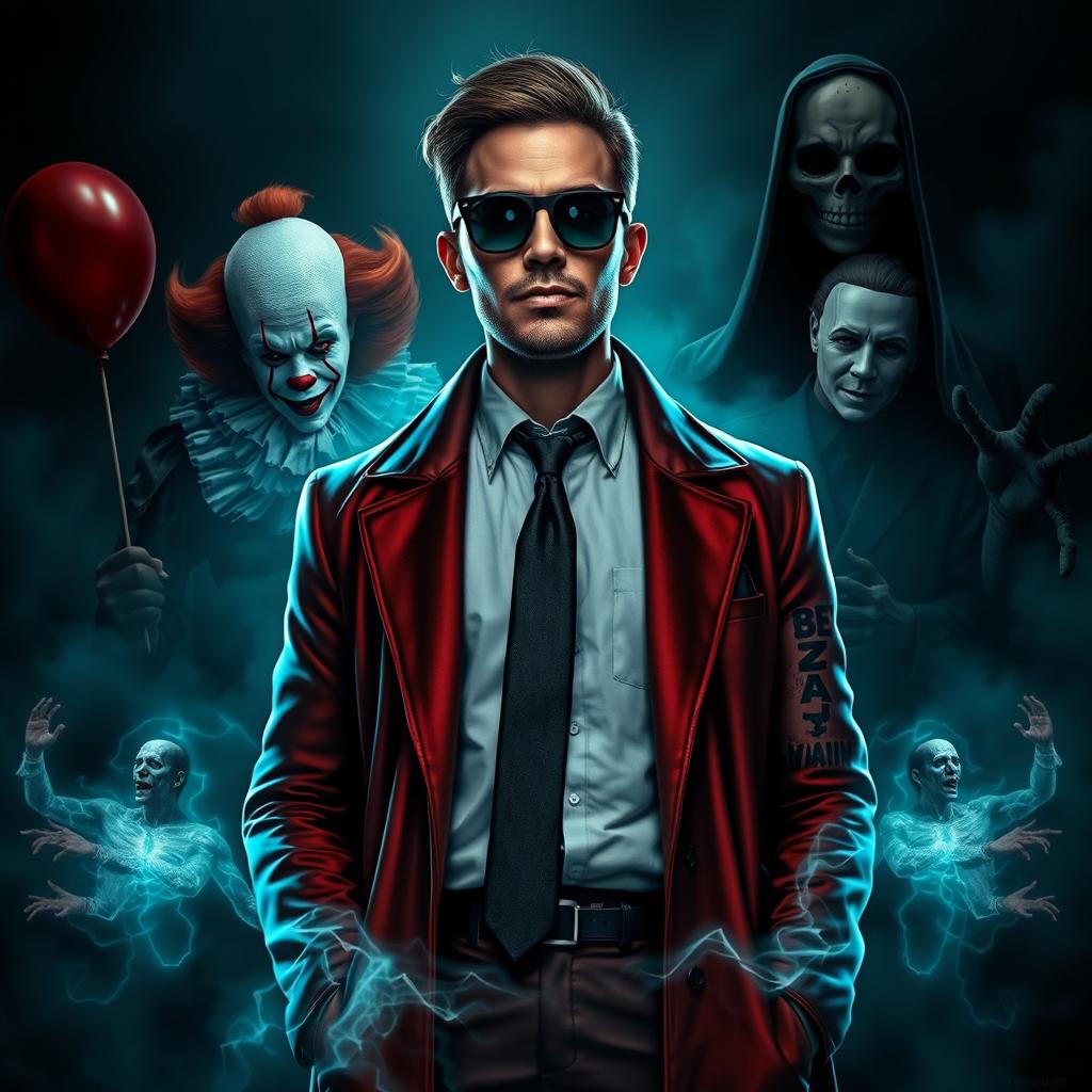 A cool man wearing an unusual coat and tie, surrounded by Pennywise the clown, Michael Myers, and a dark figure of death