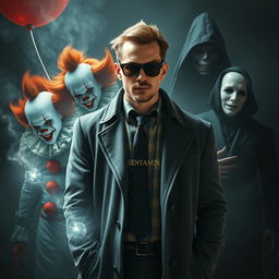 A cool man wearing an unusual coat and tie, surrounded by Pennywise the clown, Michael Myers, and a dark figure of death