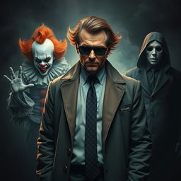 A cool man wearing an unusual coat and tie, surrounded by Pennywise the clown, Michael Myers, and a dark figure of death
