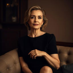 A sophisticated, confident woman in her 40s, exuding elegance and charm