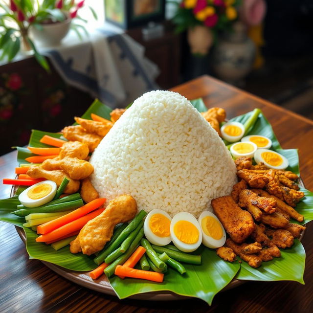 A beautifully arranged Indonesian tumpeng, made of white rice, shaped like a cone