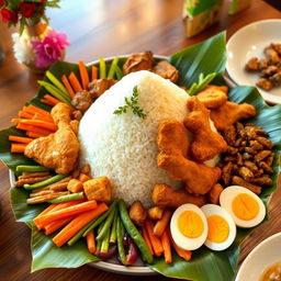 A beautifully arranged Indonesian tumpeng, made of white rice, shaped like a cone