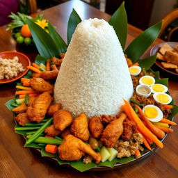 A beautifully arranged Indonesian tumpeng, made of white rice, shaped like a cone