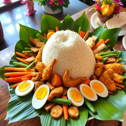 A beautifully arranged Indonesian tumpeng, made of white rice, shaped like a cone