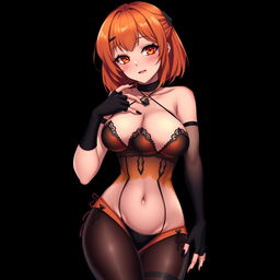 A sexy gothic anime girl with shoulder-length orange hair elegantly styled and adorned with a black hairpin