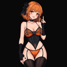 A sexy gothic anime girl with shoulder-length orange hair elegantly styled and adorned with a black hairpin