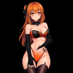 A sexy gothic anime girl with shoulder-length orange hair elegantly styled and adorned with a black hairpin