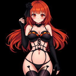 A sexy gothic anime girl with shoulder-length orange hair elegantly styled and adorned with a black hairpin