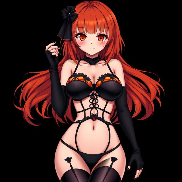 A sexy gothic anime girl with shoulder-length orange hair elegantly styled and adorned with a black hairpin