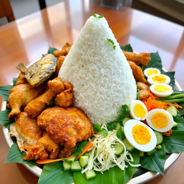 A traditional Indonesian tumpeng made of fluffy white rice, shaped like a conical pyramid