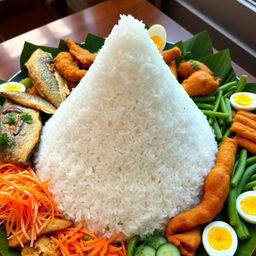 A traditional Indonesian tumpeng made of fluffy white rice, shaped like a conical pyramid