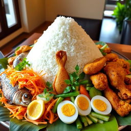 A traditional Indonesian tumpeng made of fluffy white rice, shaped like a conical pyramid