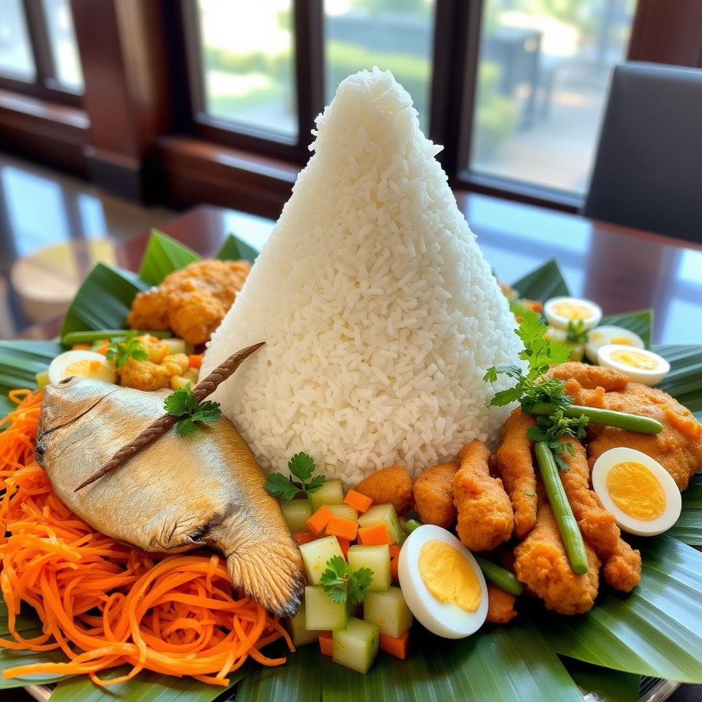 A traditional Indonesian tumpeng made of fluffy white rice, shaped like a conical pyramid