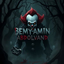 A terrifying horror-themed artwork featuring the name 'BEMYAMIN ABDOLVAND' integrated into a sinister clown character inspired by Pennywise