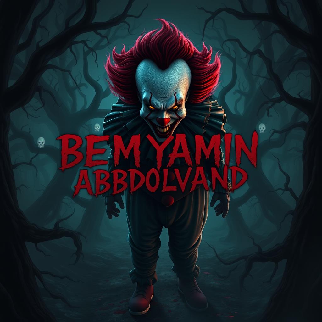 A terrifying horror-themed artwork featuring the name 'BEMYAMIN ABDOLVAND' integrated into a sinister clown character inspired by Pennywise