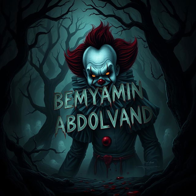 A terrifying horror-themed artwork featuring the name 'BEMYAMIN ABDOLVAND' integrated into a sinister clown character inspired by Pennywise