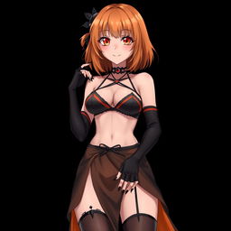 A sexy gothic anime girl with shoulder-length orange hair, elegantly styled and decorated with a black hairpin