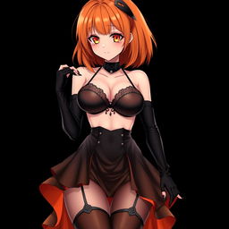 A sexy gothic anime girl with shoulder-length orange hair, elegantly styled and decorated with a black hairpin