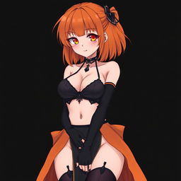 A sexy gothic anime girl with shoulder-length orange hair, elegantly styled and decorated with a black hairpin