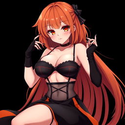 A sexy gothic anime girl with shoulder-length orange hair, elegantly styled and decorated with a black hairpin