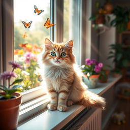 A fluffy, playful cat sitting on a sunlit windowsill, with soft rays of sunlight illuminating its fur