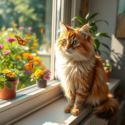 A fluffy, playful cat sitting on a sunlit windowsill, with soft rays of sunlight illuminating its fur