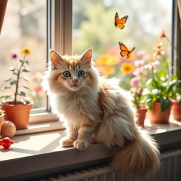 A fluffy, playful cat sitting on a sunlit windowsill, with soft rays of sunlight illuminating its fur