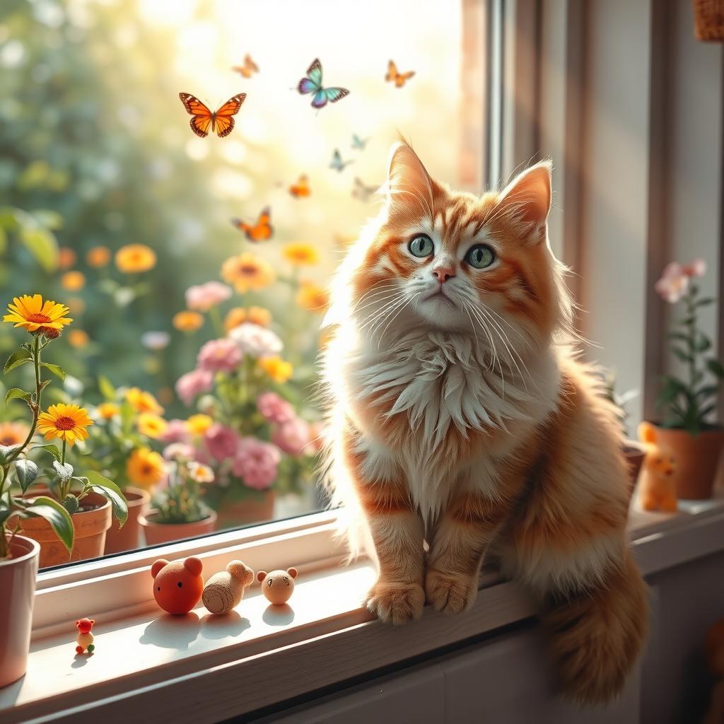 A fluffy, playful cat sitting on a sunlit windowsill, with soft rays of sunlight illuminating its fur