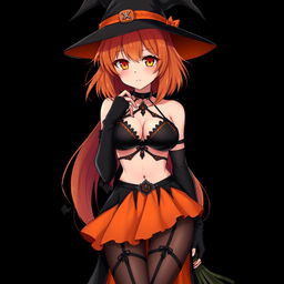A sexy gothic anime witch girl with shoulder-length orange hair, stylishly adorned with a classic witch's hat