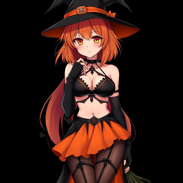 A sexy gothic anime witch girl with shoulder-length orange hair, stylishly adorned with a classic witch's hat