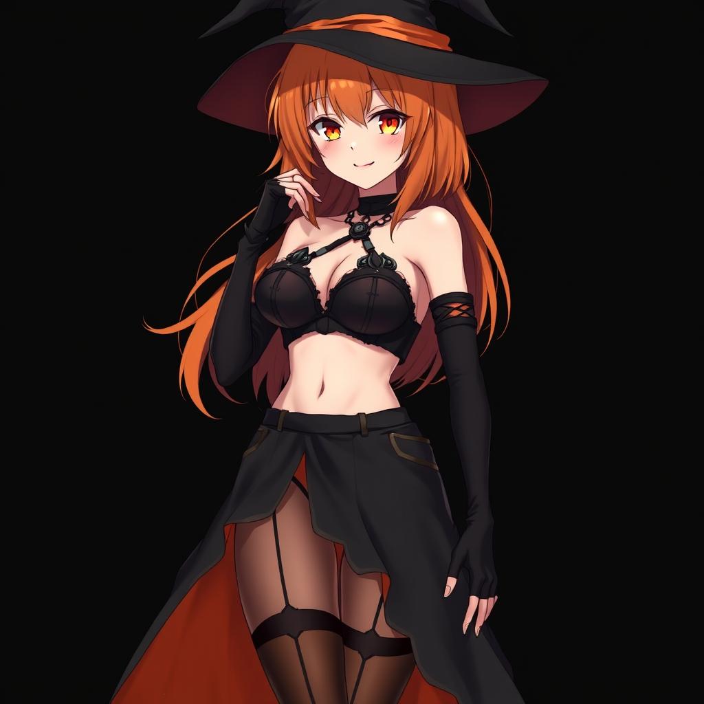 A sexy gothic anime witch girl with shoulder-length orange hair, stylishly adorned with a classic witch's hat