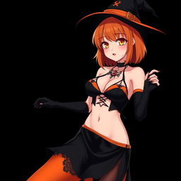 A sexy gothic anime witch girl with shoulder-length orange hair, stylishly adorned with a classic witch's hat