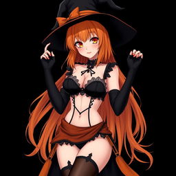 A sexy gothic anime witch girl with shoulder-length orange hair, stylishly adorned with a classic witch's hat