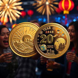 A shiny, commemorative New Year coin featuring intricate designs symbolizing new beginnings