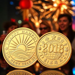 A shiny, commemorative New Year coin featuring intricate designs symbolizing new beginnings