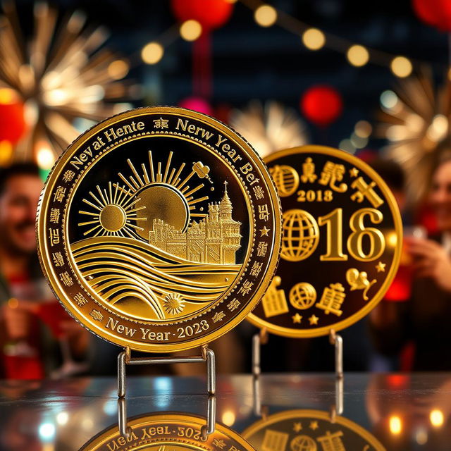 A shiny, commemorative New Year coin featuring intricate designs symbolizing new beginnings