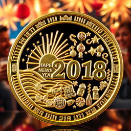 A shiny, commemorative New Year coin featuring intricate designs symbolizing new beginnings