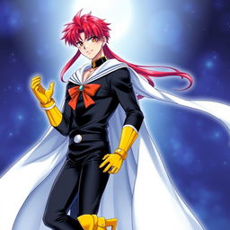 A stunning light novel cover featuring a tall young adult male with long crimson hair and striking orange eyes