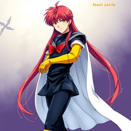 A stunning light novel cover featuring a tall young adult male with long crimson hair and striking orange eyes