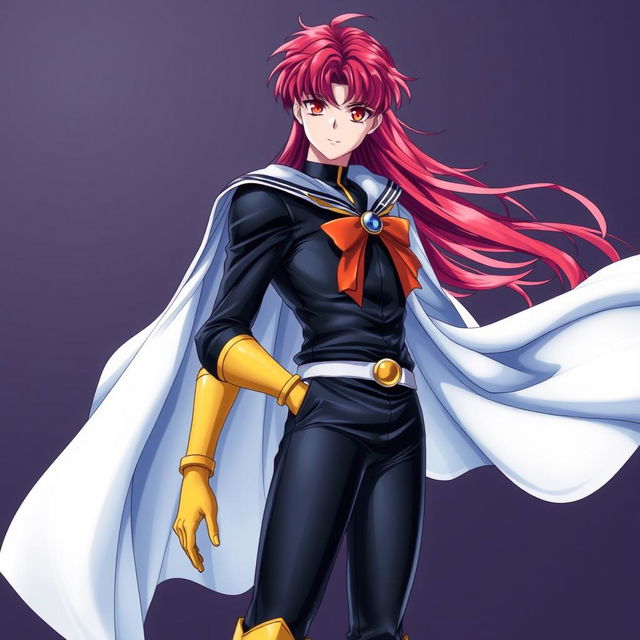 A stunning light novel cover featuring a tall young adult male with long crimson hair and striking orange eyes