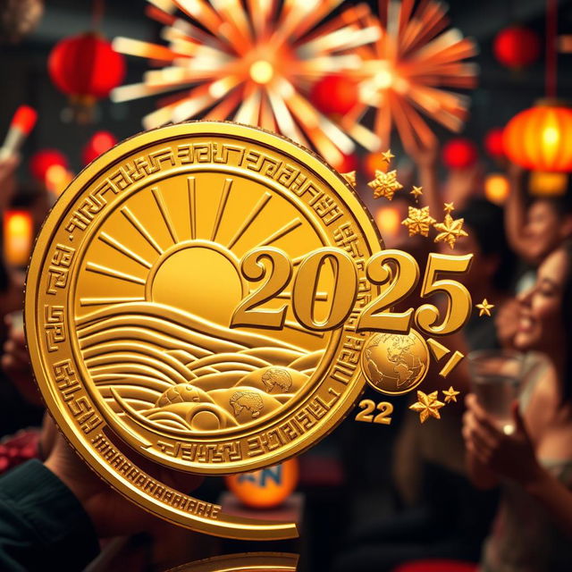 A shiny, commemorative New Year coin for 2025 featuring intricate designs symbolizing new beginnings