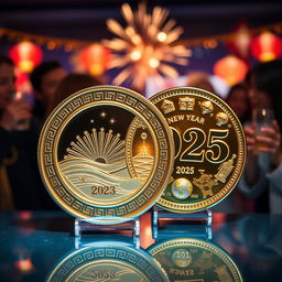 A shiny, commemorative New Year coin for 2025 featuring intricate designs symbolizing new beginnings