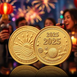 A shiny, commemorative New Year coin for 2025 featuring intricate designs symbolizing new beginnings