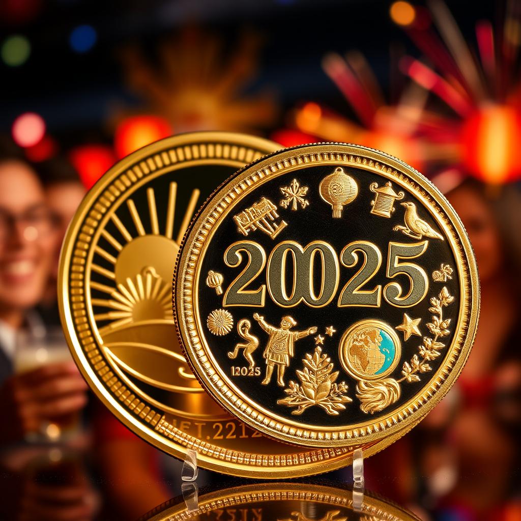 A shiny, commemorative New Year coin for 2025 featuring intricate designs symbolizing new beginnings