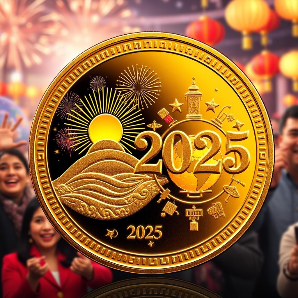 A shiny, commemorative New Year coin for 2025, featuring intricate designs symbolizing new beginnings