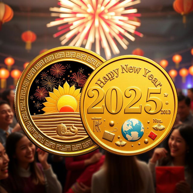 A shiny, commemorative New Year coin for 2025, featuring intricate designs symbolizing new beginnings