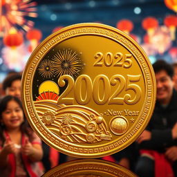 A shiny, commemorative New Year coin for 2025, featuring intricate designs symbolizing new beginnings