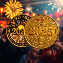 A shiny, commemorative New Year coin for 2025, featuring intricate designs symbolizing new beginnings