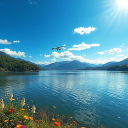 A serene landscape featuring a calm lake surrounded by lush greenery and distant, majestic mountains under a bright blue sky with fluffy white clouds